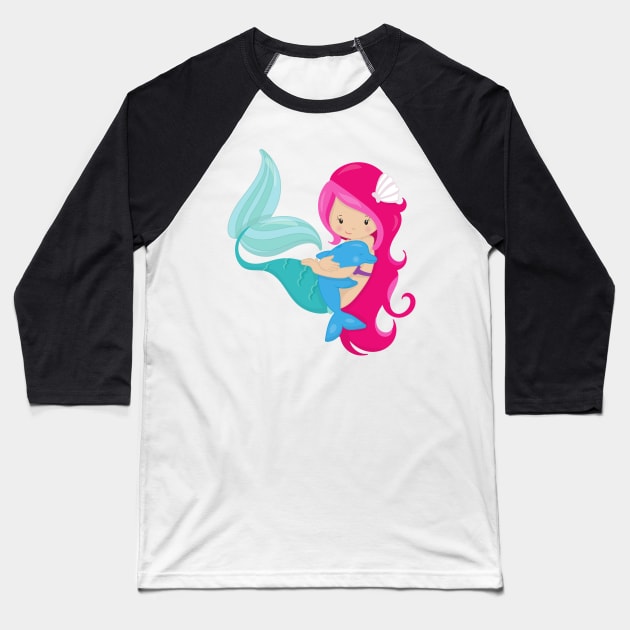 Cute Mermaid, Little Mermaid, Pink Hair, Dolphin Baseball T-Shirt by Jelena Dunčević